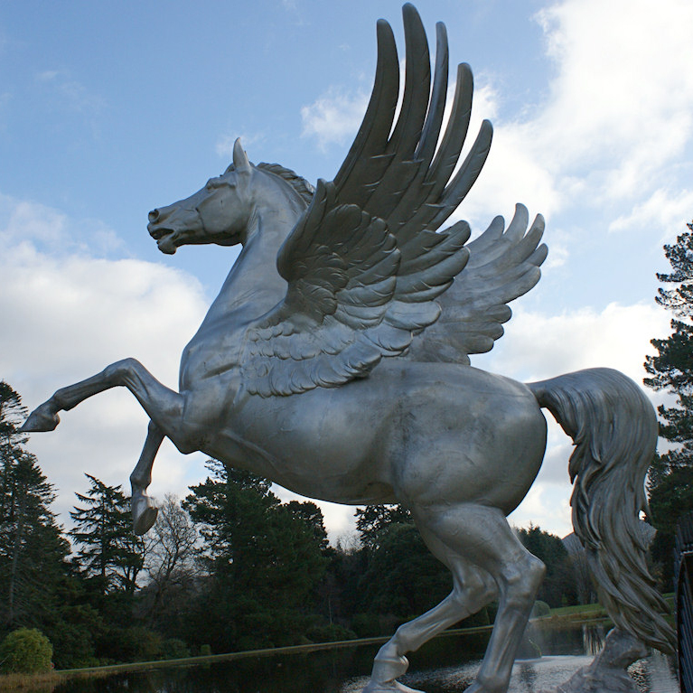 Life size brass horse jumping wings sculpture